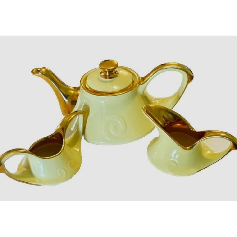 Vintage Pearl China Co Yellow 22K Gold Tea Set Teapot Creamer & Sugar 40s MCM